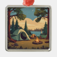 Gelukkige Camping Tent en Kampvuur