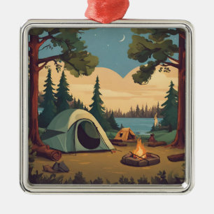Gelukkige Camping Tent en Kampvuur Metalen Ornament