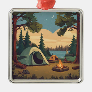 Gelukkige Camping Tent en Kampvuur Metalen Ornament