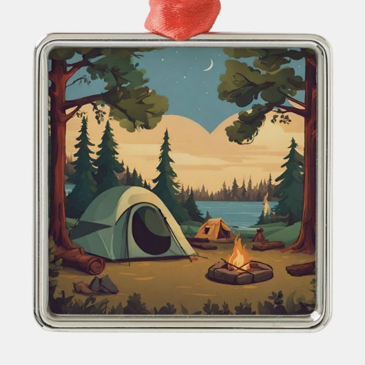 Gelukkige Camping Tent en Kampvuur Metalen Ornament (Voorkant)
