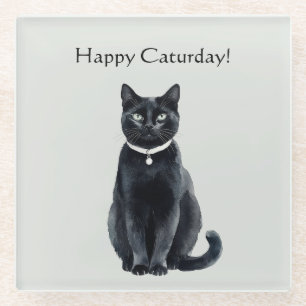 Gelukkige Caturday Zwarte Kat Glazen Onderzetter