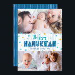 Gelukkige Chanoeka 3 Foto Moderne Typografie Goude Feestdagenkaart<br><div class="desc">"Happy Hanukkah." Fun, speelse, witte, handgemaakte typografie samen met een willekeurige ster van David-patroon in lichtblauw en faux gouden folie, allemaal overspelende lichtaqua blauwe handlijnen op een witte achtergrond, samen met 3 foto's van uw keuze, helpen u in Hanukkah te werken. Handgetekende turkooislijnen bedekken een blauwe achtergrond op de rug...</div>