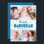 Gelukkige Chanoeka 3 Foto Moderne Typografie Goude Feestdagenkaart<br><div class="desc">"Happy Hanukkah." Fun, speelse, witte, handgemaakte typografie samen met een willekeurige ster van David-patroon in lichtblauw en faux gouden folie, allemaal overspelende lichtaqua blauwe handlijnen op een witte achtergrond, samen met 3 foto's van uw keuze, helpen u in Hanukkah te werken. Handgetekende turkooislijnen bedekken een blauwe achtergrond op de rug...</div>