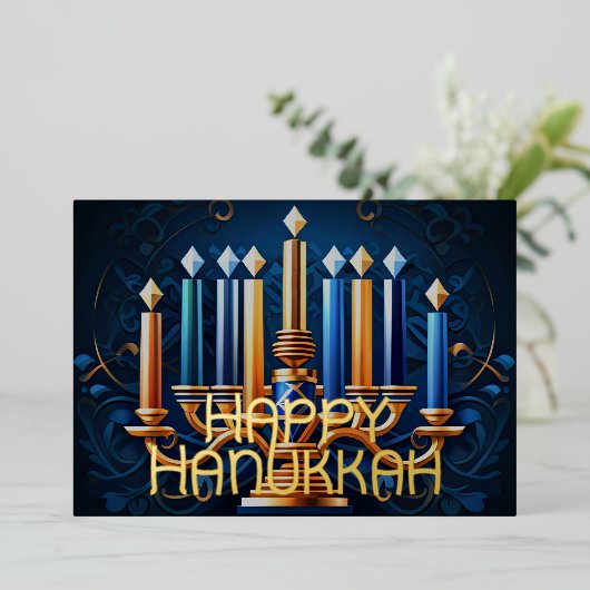 Gelukkige Chanoeka Abstracte Tekening Menorah Gold Folie Feestdagenkaart (Staand Voorkant)