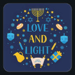 Gelukkige Chanoeka, alle joodse feestdagen,. Vierkante Sticker<br><div class="desc">LIEFDE EN LICHTEN MENORAH CADEAUSTER VAN DAVID HANUKKAH</div>