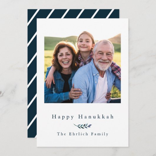 Gelukkige Chanoeka Blauw en Witte Streep Foto Feestdagenkaart (Voorkant / Achterkant)