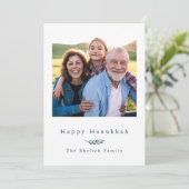 Gelukkige Chanoeka Blauw en Witte Streep Foto Feestdagenkaart (Staand voorkant)