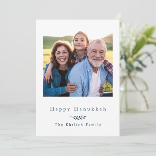 Gelukkige Chanoeka Blauw en Witte Streep Foto Feestdagenkaart (Staand voorkant)