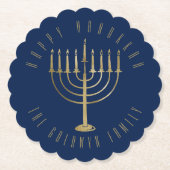 Gelukkige Chanoeka Blauw Goud Menorah Vakantie Kartonnen Onderzetters (Voorkant)