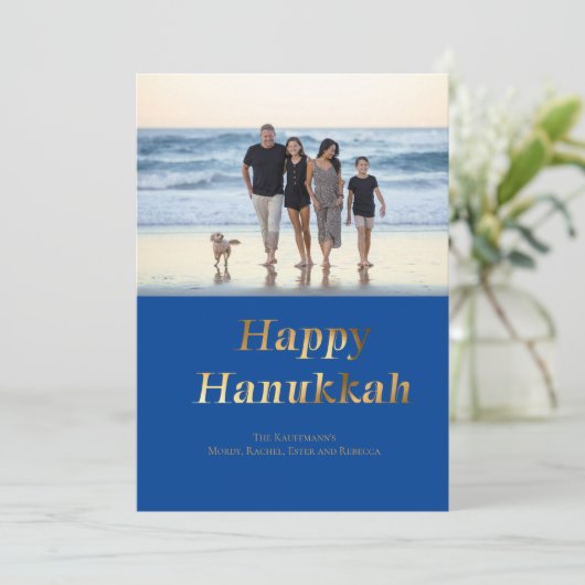 Gelukkige Chanoeka Blauw Gouden Folie Foto Feestdagenkaart (Staand voorkant)