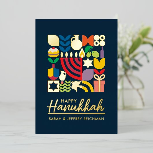 Gelukkige Chanoeka/Chanoeka Joodse Groet Folie Folie Feestdagenkaart (Staand Voorkant)