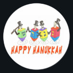 Gelukkige Chanoeka Dancing Dreidels Ronde Sticker<br><div class="desc">Wat een geweldig Chanoeka cadeau met deze dansende drommels die allemaal een Gelukkige Chanoeka wensen.</div>