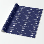Gelukkige Chanoeka eenvoudige Menorah patroon blau Cadeaupapier<br><div class="desc">Gelukkig Chanoeka Blue Holiday wrapping papier,  met een eenvoudig wit menorah patroon en script typografie ontwerp. Met witte aanpasbare letters kunt u uw eigen gegevens toevoegen. Een feestelijk vakantieitem om dit seizoen speciale cadeaus te versturen.</div>