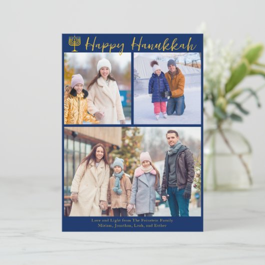 Gelukkige Chanoeka familie 3 foto collage Modern B Feestdagenkaart (Staand voorkant)