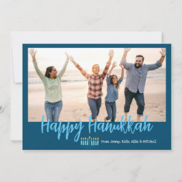 Gelukkige Chanoeka familie foto Kerstmis Feestdagenkaart