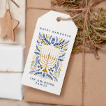 Gelukkige Chanoeka feestelijke Waterverf Menorah F Cadeaulabel<br><div class="desc">Voeg een persoonlijk tintje toe aan uw Chanoeka-geschenk met dit elegante label met bloemencadeau met waterverf Menorah versierd met elegant tarwegebladerte in een verfijnd palet van goud,  lichtblauw en marineblauw met twee lijnen aangepaste tekst.</div>