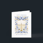 Gelukkige Chanoeka feestelijke Waterverf Menorah F Feestdagen Kaart<br><div class="desc">Fijne Chanoeka! Stuur Chanoeka groeten aan familie en vrienden met deze elegante gevouwen fotokaart. Het beschikt over waterverf Menorah en elegant kransblad in een verfijnd palet van goud, lichtblauw en marineblauw. Pas de kaart aan met uw favoriete bericht en twee regels aangepaste tekst om een persoonlijk tintje aan uw vakantiewensen...</div>
