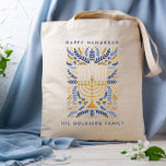 Gelukkige Chanoeka feestelijke Waterverf Menorah F Tote Bag<br><div class="desc">Voeg een persoonlijk tintje toe aan je Chanoeka met deze sierlijke bloemenzak met waterverf Menorah versierd met sierlijk tarwegebladerte in een verfijnd palet van goud,  lichtblauw en marineblauw met twee lijnen aangepaste tekst.</div>