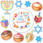 Gelukkige Chanoeka Festival feestdag symbolen Sticker<br><div class="desc">Chanukkah labels stickers set. Gelukkig Chanoeka feest Joodse feestdag Menorah, Donuts, Dreidel. Joodse feestdag Chanoeka Decoratie met traditioneel Chanuka decoratief symbool - Kleurrijke Cartoon Chanoeka menorah, kandelaar met kaarsen, Donuts, Houten Dreidel (draaiende top speelgoed) davidster en gloeiende lichten illustratie. Chanoeka Festival van lichten Evenement Decoratie. Jeruzalem, Israël. Crafts & Party...</div>