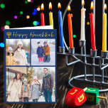 Gelukkige Chanoeka Fotocollage Modern Blauw Gevouw Feestdagen Kaart<br><div class="desc">Moderne aanpasbare Joodse familie fotocollage Chanoeka gevouwen kaart met een collectie van winterfoto's. Voeg 3 van je favoriete Chanoeka-herinneringen toe aan deze moderne drie foto-indeling onder een menora en goud cursief schrift. Pas aan met een ander afbeelding en uw bericht binnen.</div>