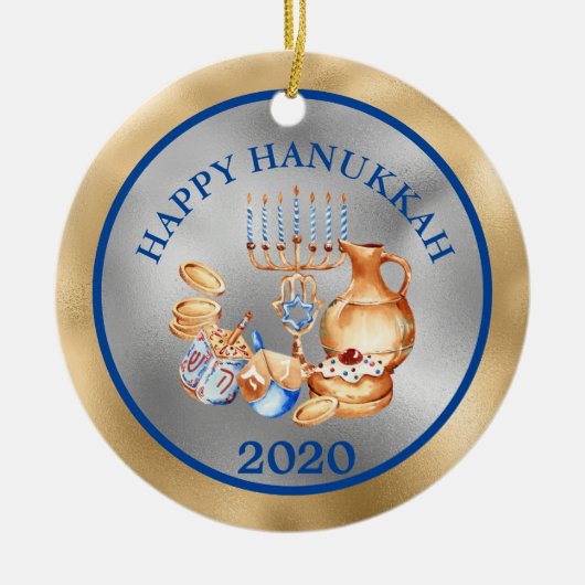 Gelukkige Chanoeka Goud Zilver Menorah Keramisch Ornament (Voorkant)