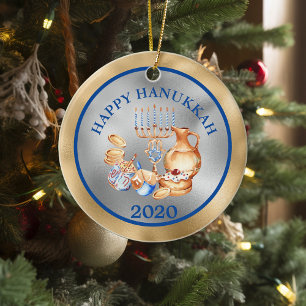 Gelukkige Chanoeka Goud Zilver Menorah Keramisch Ornament
