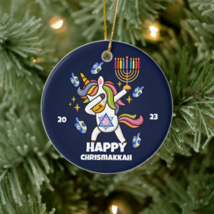 Gelukkige Chanoeka, grappige dabbing eenhoorn Keramisch Ornament