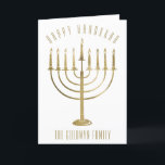 Gelukkige Chanoeka Menorah Binnenin Foto Vakantie  Feestdagen Kaart<br><div class="desc">Stuur je geliefden een gepersonaliseerde fotokaart dit Chanoeka seizoen. Op de voorkant van dit ontwerp staat een gouden menora met de tekst "Happy Chanoeka". Onder de menorah is een plek voor uw familienaam die u kunt personaliseren of verwijderen als u wilt. Binnenin de kaart heeft een familiefoto voor u om...</div>