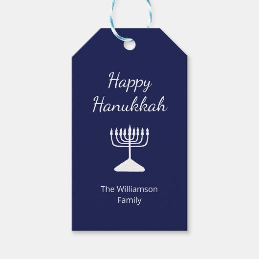 Gelukkige Chanoeka Menorah Eenvoudig Blauw Cadeaulabel (Voorkant)