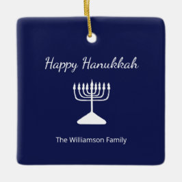 Gelukkige Chanoeka Menorah Eenvoudig Blauw Wit Keramisch Ornament