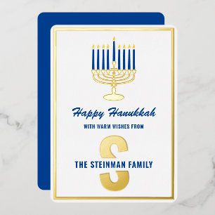 Gelukkige Chanoeka Menorah Kaars Familienaam Monog Folie Feestdagenkaart