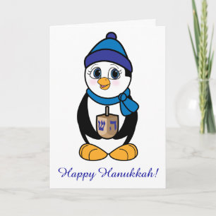 Gelukkige Chanoeka Pinguïn en Dreidel Feestdagen Kaart