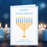 Gelukkige Chanoeka Schattigee  Menorah Feestdagen Kaart<br><div class="desc">Schattigee aangepaste Happy Chanoeka kaart voor een joodse familie of een Chanoeka feest met een synagoge. Personaliseer met je eigen achternaam of groepsinformatie in het blauw onder de  blauwe menora.</div>