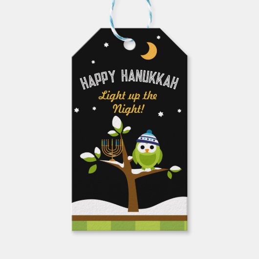 Gelukkige Chanoeka Uil & Menorah Licht de Nacht op Cadeaulabel (Voorkant)