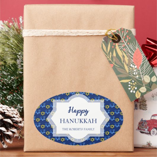 Gelukkige Chanoeka Waterverf Sterren van David Ovale Sticker (Feestdagen)