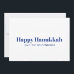Gelukkige Chanoeka wit blauw minimalistische aange Feestdagenkaart<br><div class="desc">Happy Chanoeka blauw en wit moderne typografie minimalistische eenvoudige elegante gepersonaliseerde Chanoeka Holiday Kaart. Volledig aanpasbare blauwe tekst op witte achtergrond.</div>