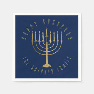 Gelukkige Chanukah Blauw Goud Menorah Vakantie Servet