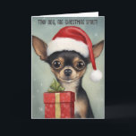 Gelukkige Chihuahua Santa met Gift Kerst Kaart<br><div class="desc">Verspreid vreugde en lach dit kerstseizoen met onze prachtige "Happy Chihuahua Santa with Gift" kerstkaart, met het hartverwarmende kunstenaarschap van Greg Collins. Dit charmante afbeelding vangt de feestelijke sfeer als een lachende Chihuahua doet een kerstmuts en gretig cadeaus een geschenk. De speelse onschuld en feestvreugde stralen uit deze schattige scene,...</div>