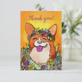 Gelukkige Corgi met bloemen Bedankkaart (Staand voorkant)