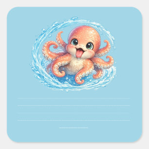 Gelukkige Cute Octopus Kawaii Zeeleven Illustratie Vierkante Sticker