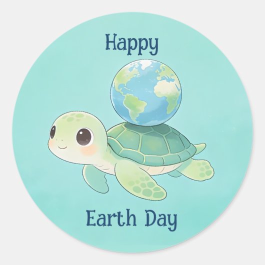 Gelukkige Dag van de Aarde Schildpad met Wereldbol Ronde Sticker (Voorkant)