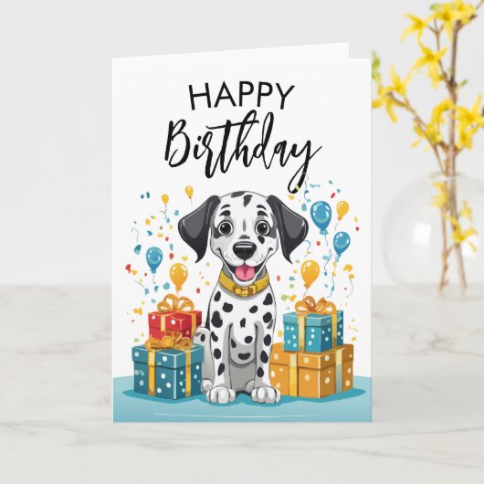 Gelukkige Dalmatiër met geschenken en Confetti Ver Kaart (Gele Bloem)