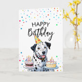 Gelukkige Dalmatische Hond met Taarten Verjaardag Kaart (Gele Bloem)