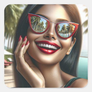 Gelukkige dame in een tropisch paradijs vierkante sticker