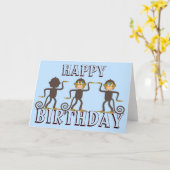 Gelukkige dansende apen blauwe verjaardag kaart (Gele Bloem)