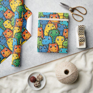 Gelukkige Dinosaurusgezichten Gevuld Patroon Cadeaupapier