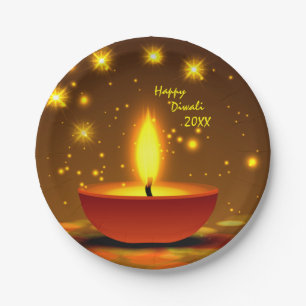 Gelukkige Diwali 20xx Diya Gele Vlam Sparkles 7" Papieren Bordje