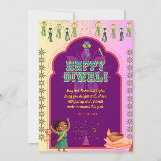 Gelukkige Diwali Diya en Firecrackers Feestdagenkaart (Voorkant)