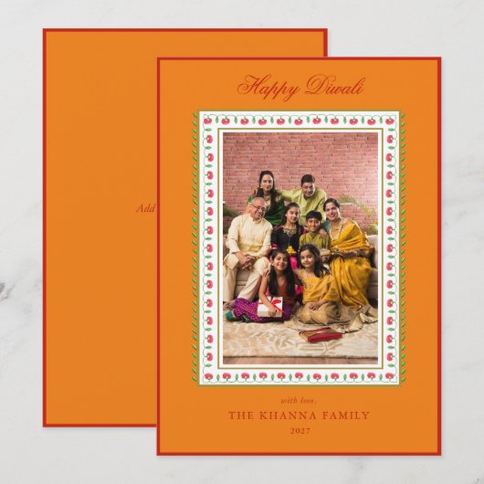 Gelukkige Diwali Foto Mosterd & Rode Bloemen Groet Feestdagenkaart (Voorkant / Achterkant)