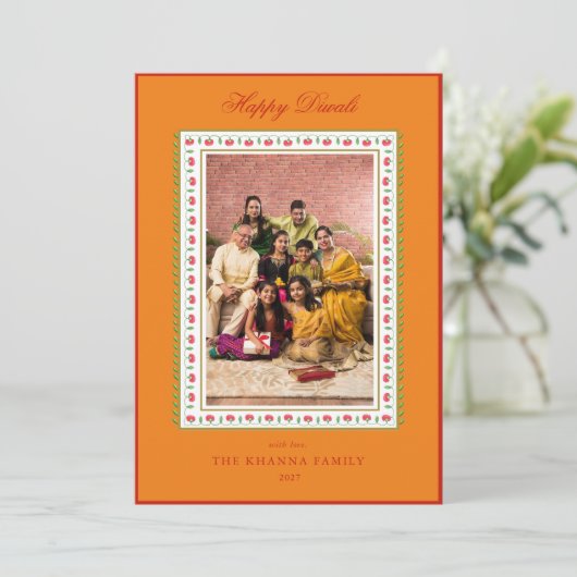 Gelukkige Diwali Foto Mosterd & Rode Bloemen Groet Feestdagenkaart (Staand voorkant)